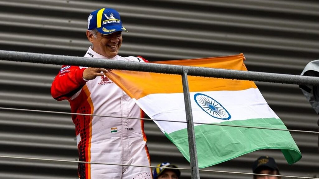 Ajith Kumar holds Indian flag high after podium finish at Belgium race. Watch Download app