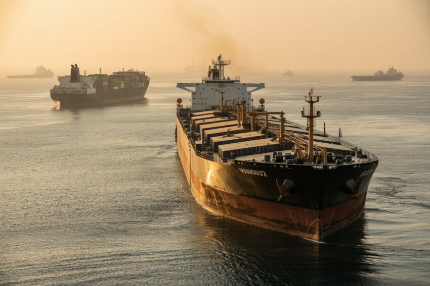 Large oil tanker ship sailing in open sea during sunset.