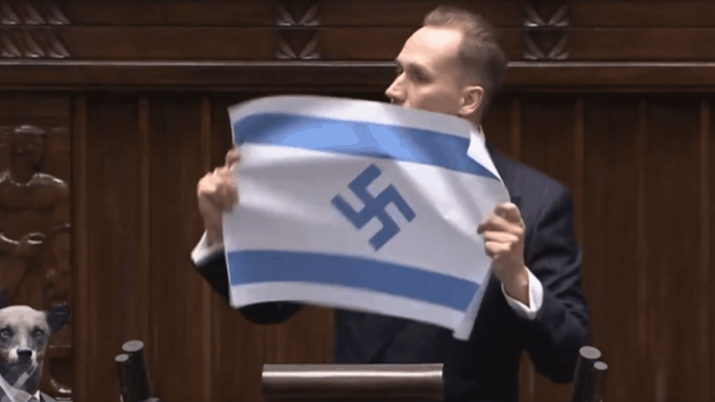 “New Third Reich”: a far-right Polish MP brandishes an Israeli flag bearing a swastika