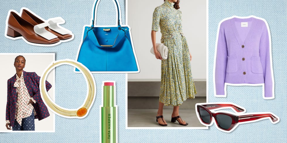 Fashion items including shoes, a handbag, clothing, and accessories displayed together.