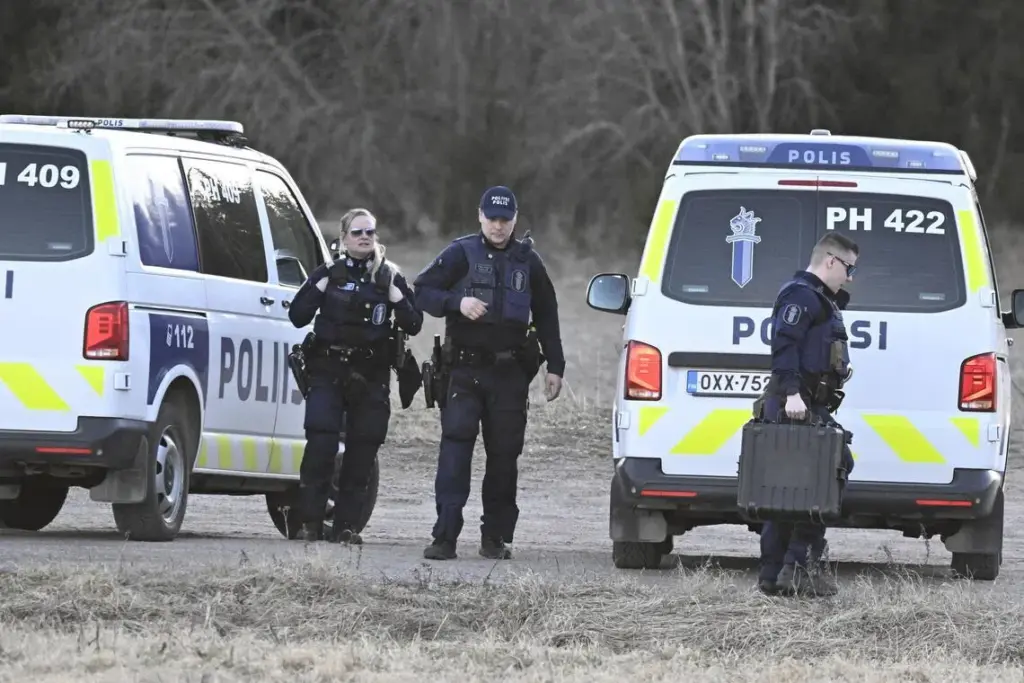 Drone, unexploded warhead crash in Finland Police officers guarding a closed-off area, after a crashed drone was found in the woods, in Iitti, Finland, on April 11.