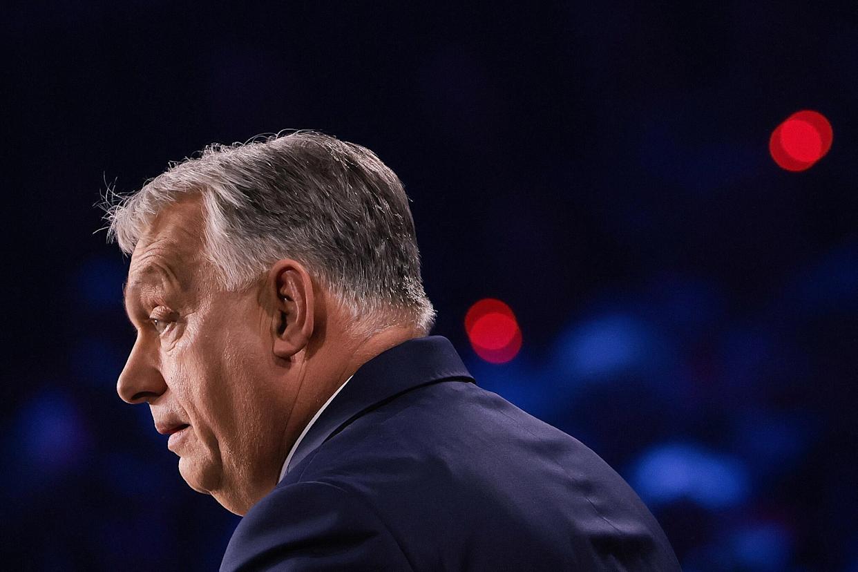 Hungarian Prime Minister Viktor Orbán speaks at a rally in Budapest on April 7, 2026.  / Credit: Jonathan Ernst / POOL /AFP via Getty Images