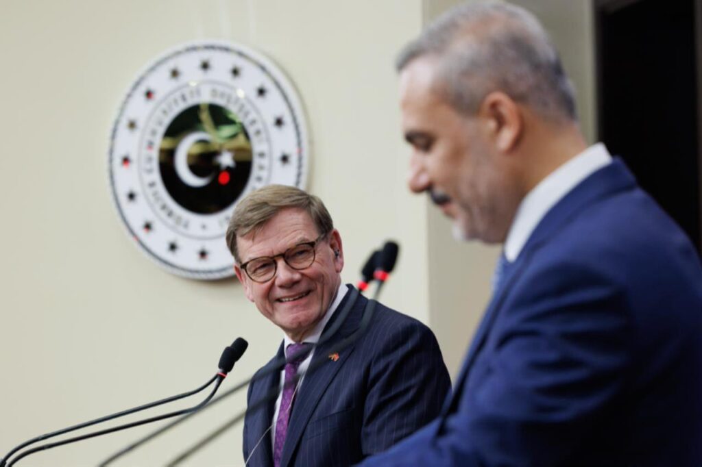 Turkish Foreign Minister Hakan Fidan (R), German Foreign Minister Johann Wadephul (L) hold a joint press conference following their meeting at the Turkish Ministry of Foreign Affairs in Ankara, Türkiye on Oct. 17, 2025. (AA Photo)