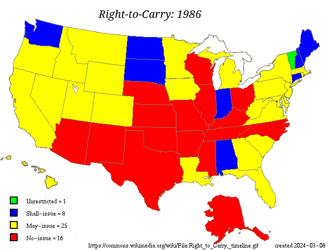 Animated gif showing how laws governing issuance of concealed carry permits have changed over time [Wikipedia]