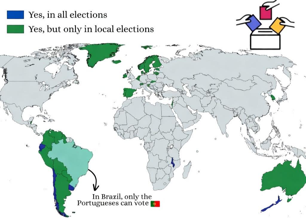 Map of countries where foreigners can vote
