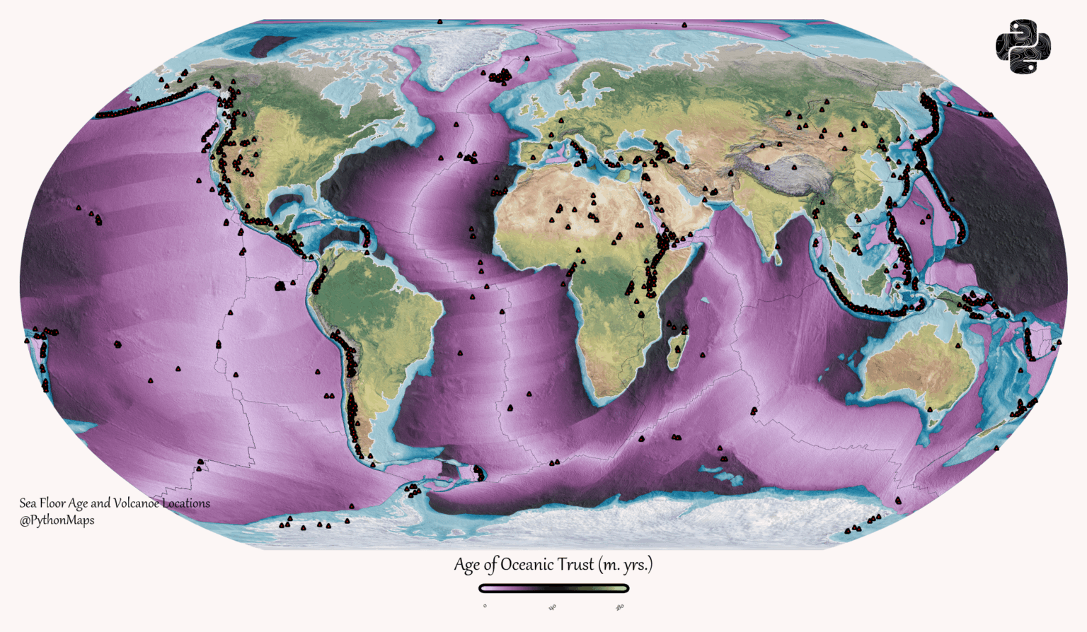 [OC] Mapping the age of oceanic crust, overlayed with the locations of the world's volcanoes
