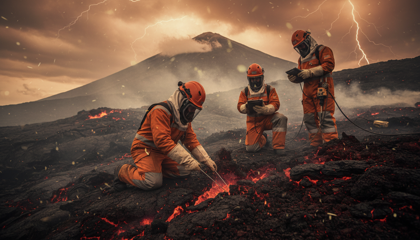 Scientists installing sensors in volcanic terrain for the KMT project