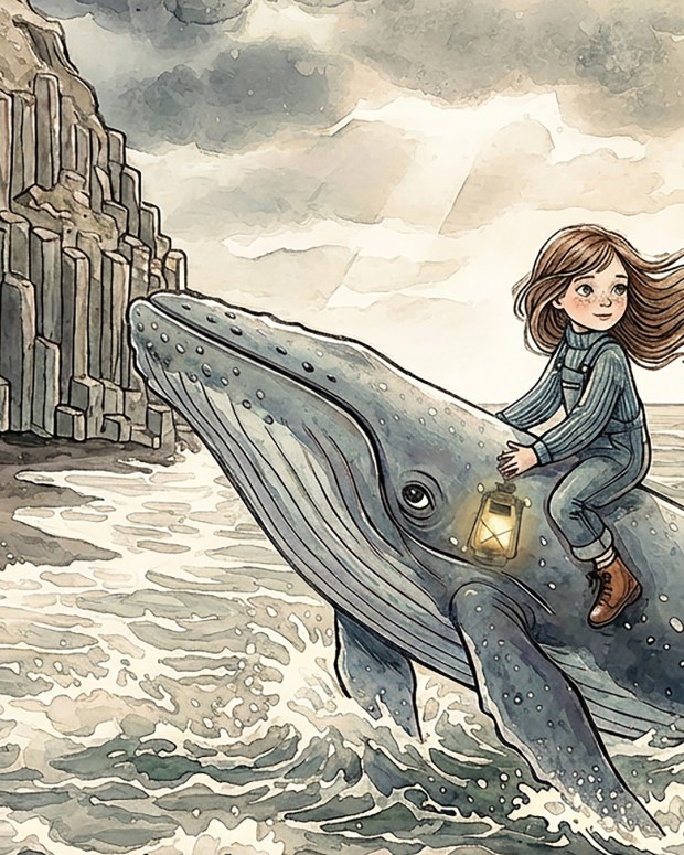 One of the illustrations of Cora and the whale in Kristen Vann Griffith's book, with the Basalt Columns at Reynisfjara Beach in the background. (Kristen Vann Griffith)