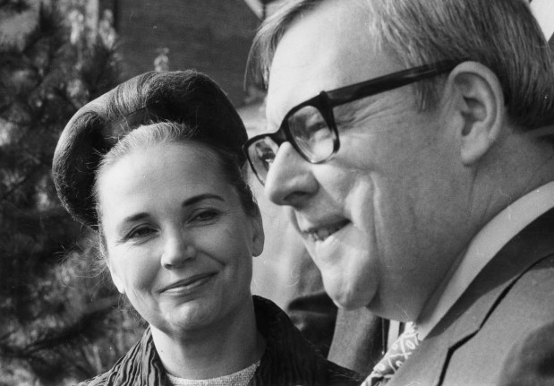 Gov. Richard Ogilvie and his wife, Dorothy, arrive at the Northfield Community Church where they voted on Nov. 3, 1970. (Michael Budrys/Chicago Tribune)