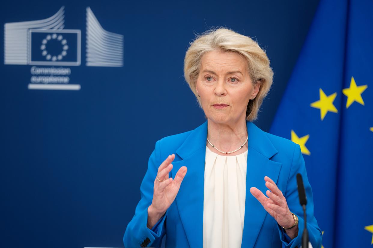 Ursula von der Leyen speaking to media.
