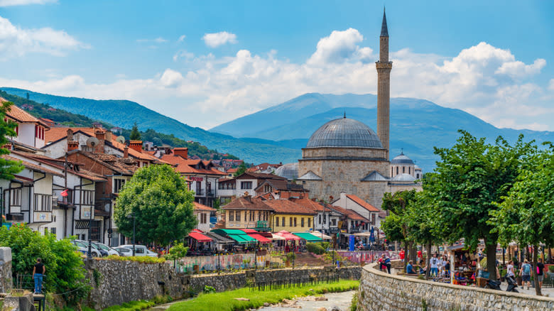 The Old Town of Prizren and Sinan Pasha Mosque in Kosovo with mountains in the background