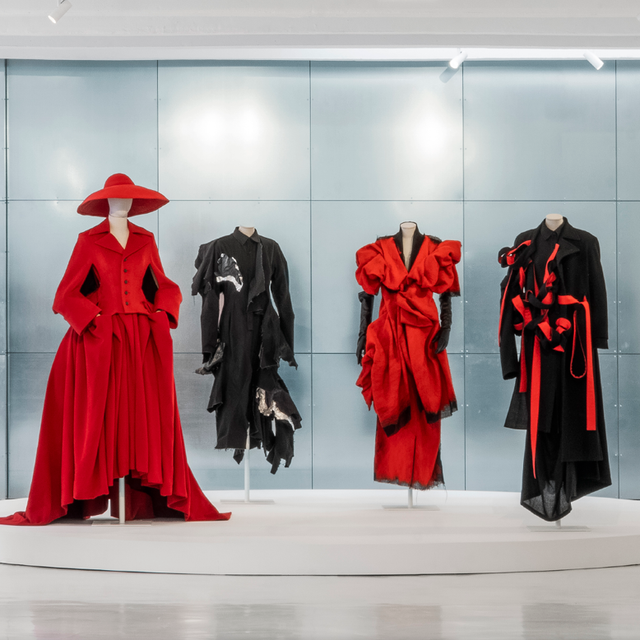 Fashion display featuring a variety of dresses and accessories.