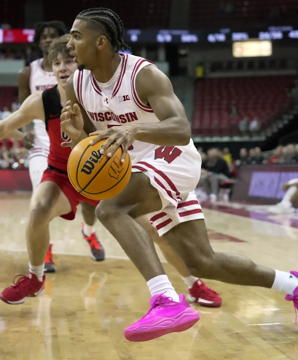 Wisconsin guard Daniel Freitag drives along the baseline during the second half of a preseason game Wednesday, Oct. 30, 2024, at the Kohl Center in Madison. Wisconsin beat UW-River Falls, 78-62.