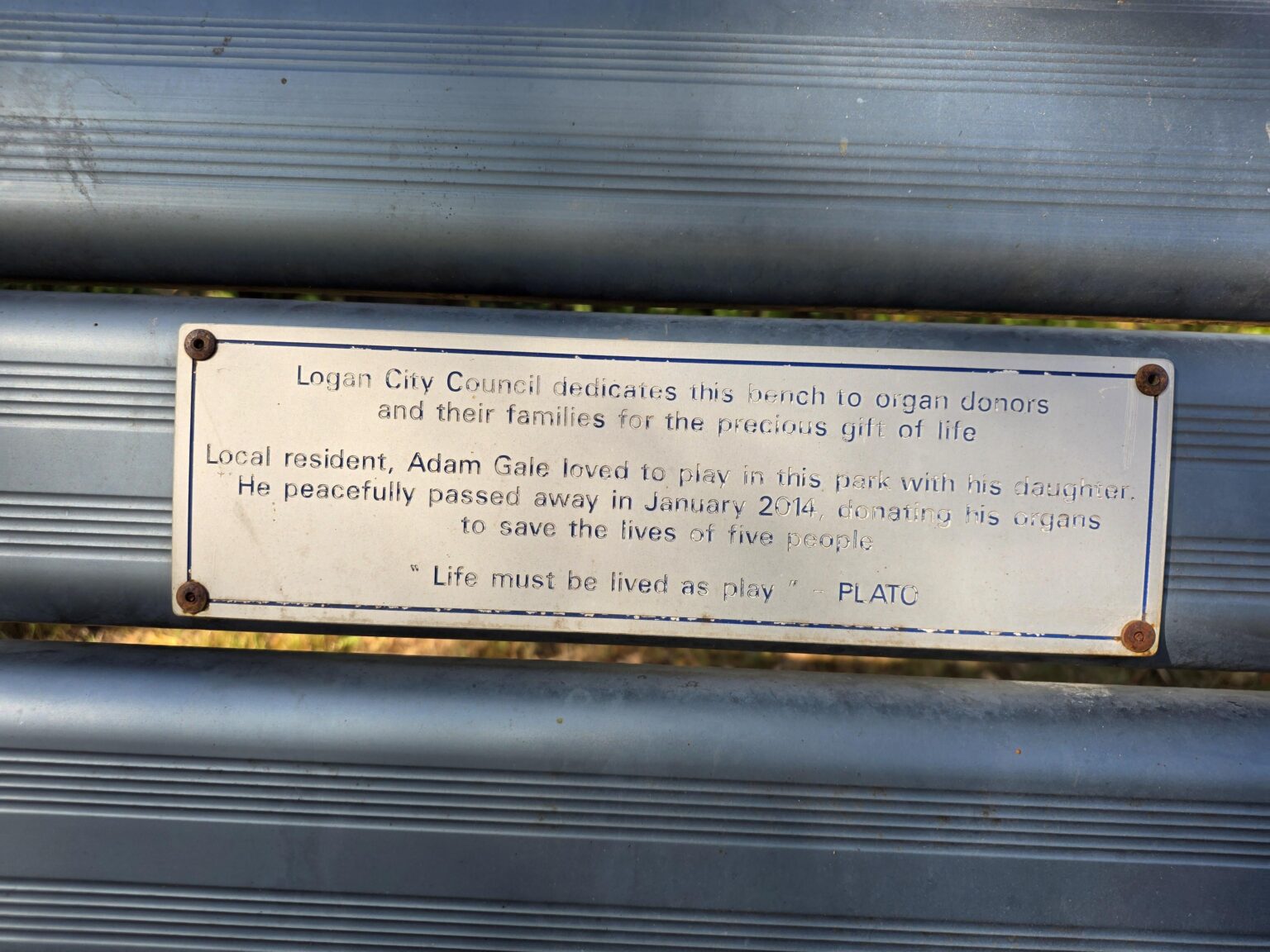 Memorial bench for Adam Gale in Cornubia