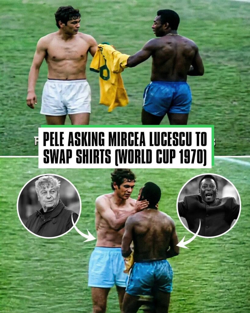 Pelé exchanging shirts with Mircea Lucescu at the 1970 World Cup