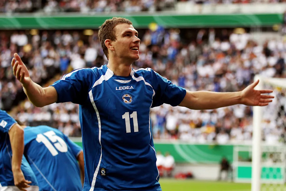 Edin Dzeko celebrates after scoring for Bosnia and Herzegovina against Germany in June 2010.