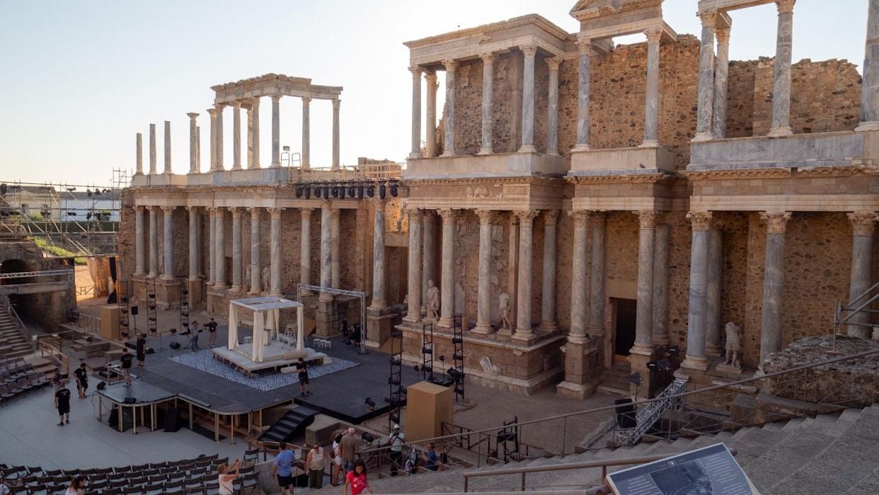 View at sunset of the Roman Amphitheater of Mérida, Extremadura, Spain