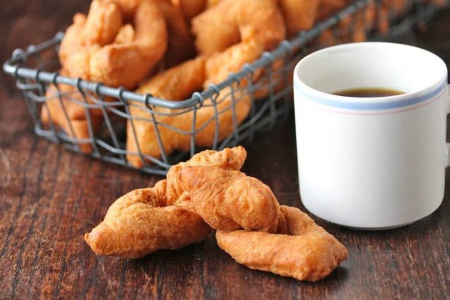 Kleina, a deep-fried Icelandic pastry served with coffee. Kleina, a deep-fried Icelandic pastry served with coffee.