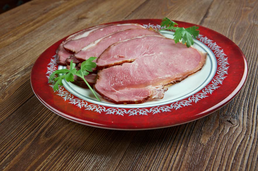 Slices of hangikjöt, a traditional Icelandic food enjoyed during Christmas. Slices of hangikjöt, a traditional Icelandic food enjoyed during Christmas.