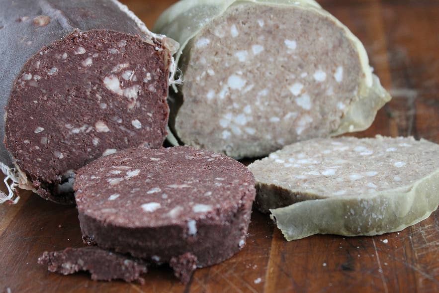 Traditional Icelandic food, black pudding and liver pudding served together. Traditional Icelandic food, black pudding and liver pudding served together.