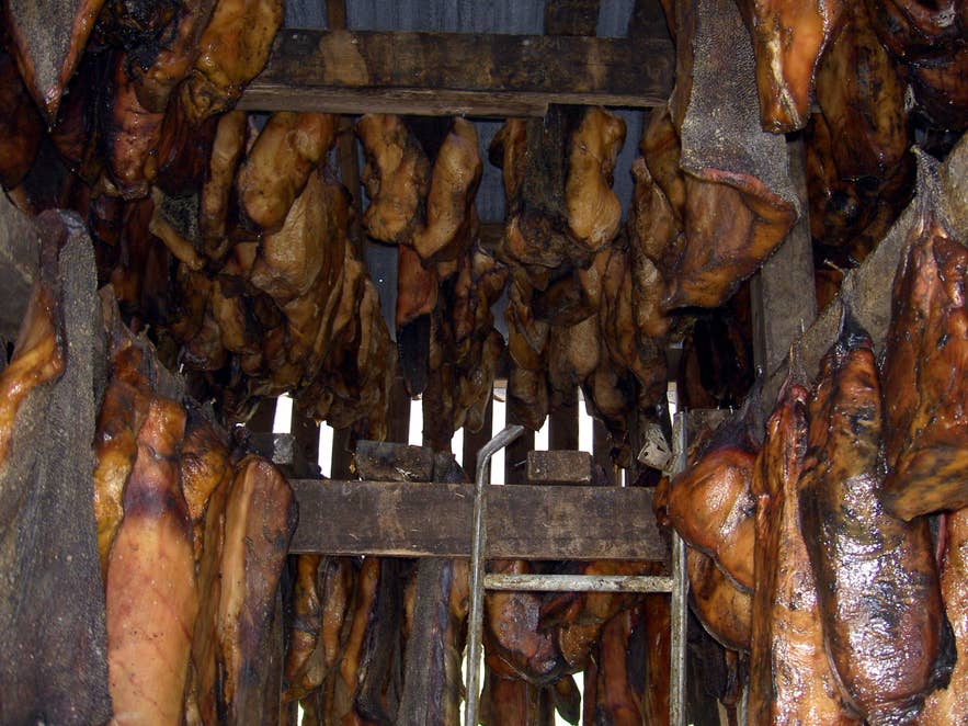 Hakarl or fermented shark, a traditional Icelandic food delicacy. Hakarl or fermented shark, a traditional Icelandic food delicacy.