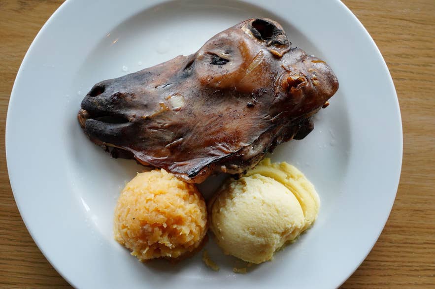 Svid or boiled sheep head is a traditional Icelandic food, often served with mashed potatoes and turnips. Svid or boiled sheep head is a traditional Icelandic food, often served with mashed potatoes and turnips.