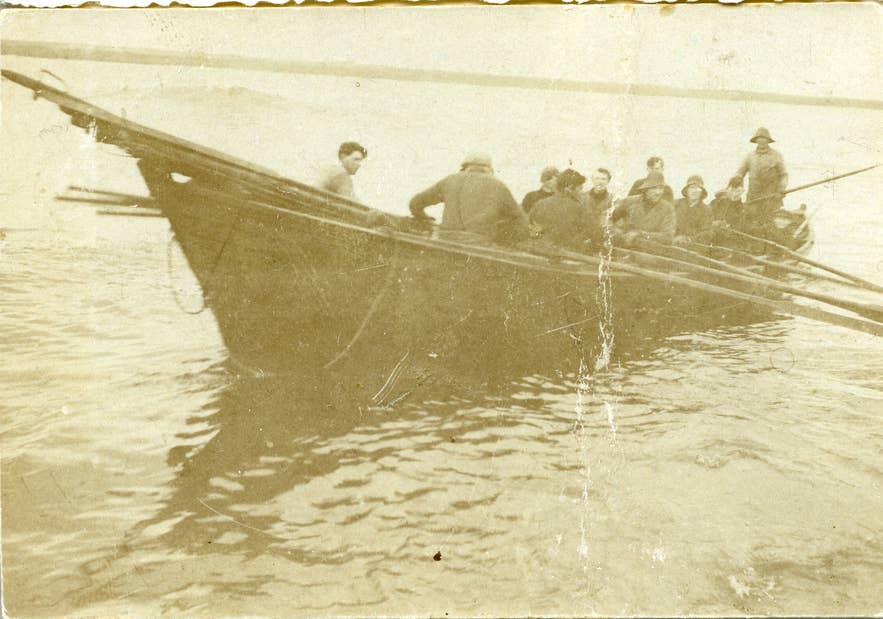 Rowboating fishermen in Iceland during the early 20th century Rowboating fishermen in Iceland during the early 20th century