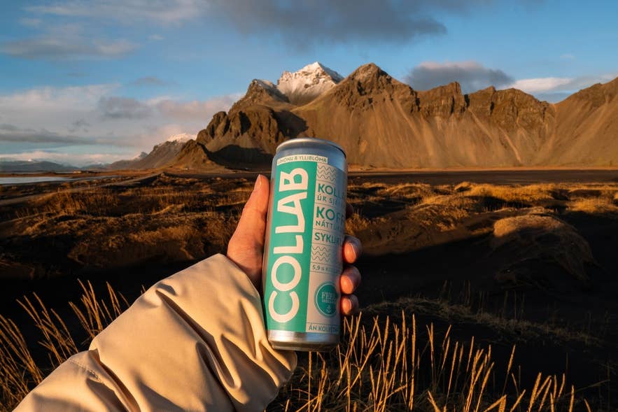 Collab is one of the most popular drinks in Iceland, seen here with Vestrahorn Mountain Collab is one of the most popular drinks in Iceland, seen here with Vestrahorn Mountain