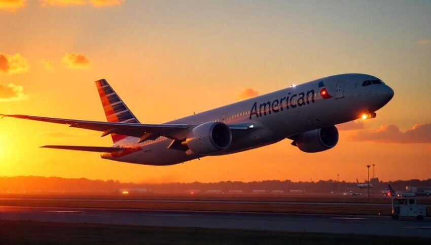 American airlines plane taking off at sunset, symbolizing international travel.