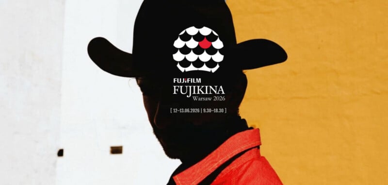A person in a wide-brimmed black hat and red shirt stands against a yellow and white background. The FUJIKINA Warsaw 2026 event logo and dates are displayed over the image.