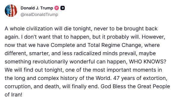 Trump threatens entire Iranian society with extinction tonight