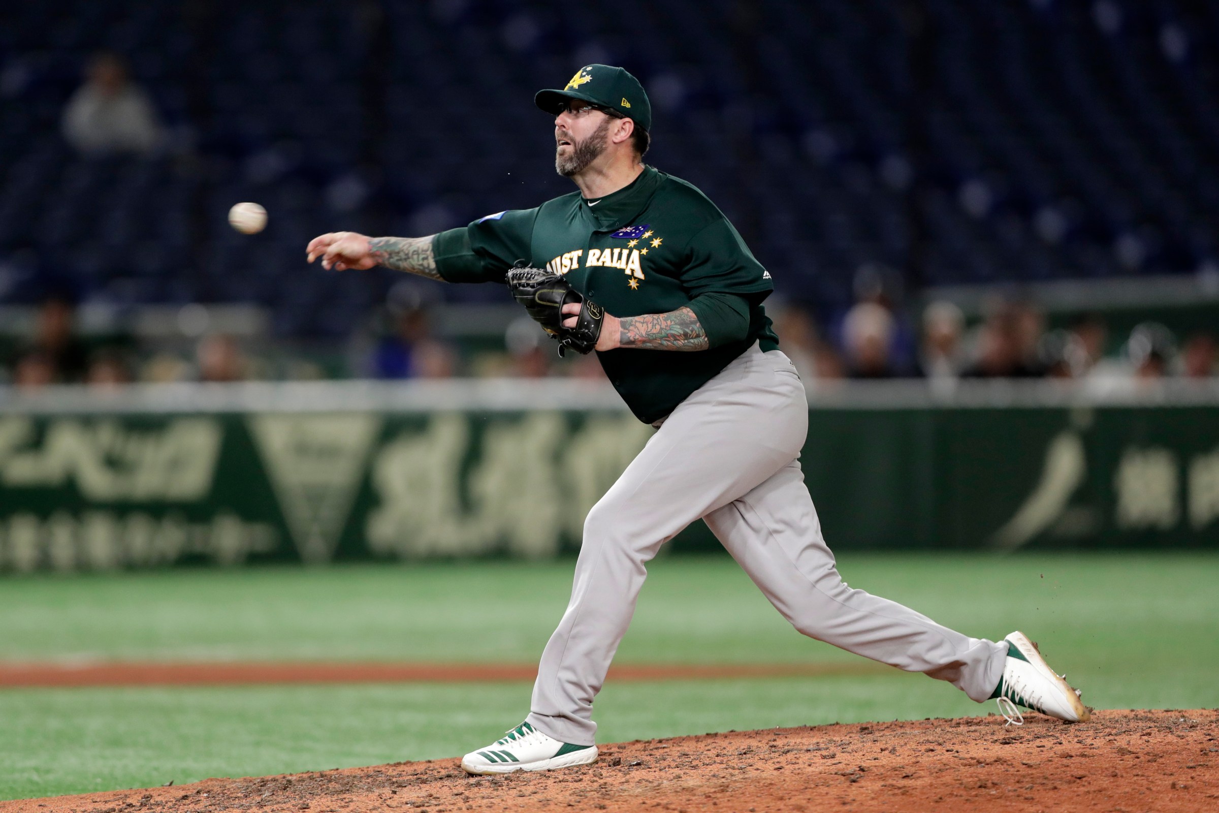 TOKYO, JAPAN - NOVEMBER 13: Pitcher Peter Moylan #47 of Australia throws in the bottom of 6th inning during the WBSC Premier 12 Super Round game between USA and Australia at the Tokyo Dome on November 13, 2019 in Tokyo, Japan. (Photo by Kiyoshi Ota/Getty Images)
