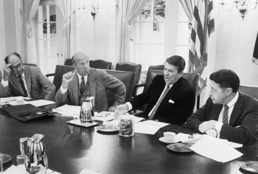 President Ronald Reagan meeting with his top foreign policy advisers discussing the situation on Lebanon in 1982.