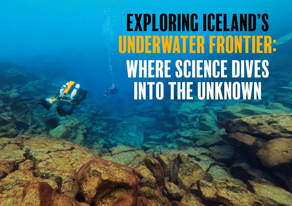 Iceland’s Underwater Frontier: Science in Silfra A wide-angle view of the crystal-clear blue waters of the Silfra Rift, illustrating Iceland's underwater frontier.
