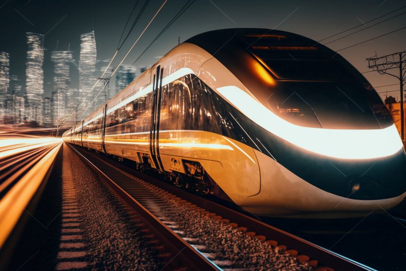 Futuristic high-speed train on electrified tracks at dusk.