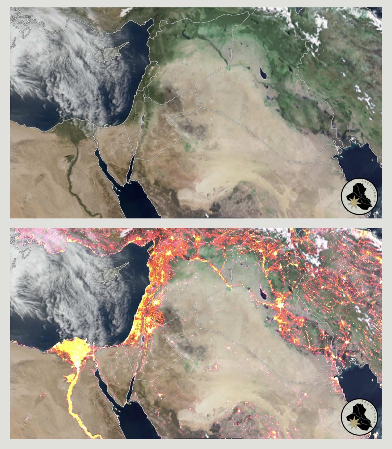 Satellite imagery of the of the Fertile Crescent countries compared to population density