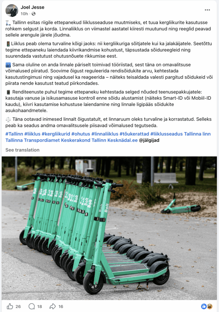 Instead of building cycle paths, Tallinn recommends imposing a helmet requirement and limiting the number of scooters