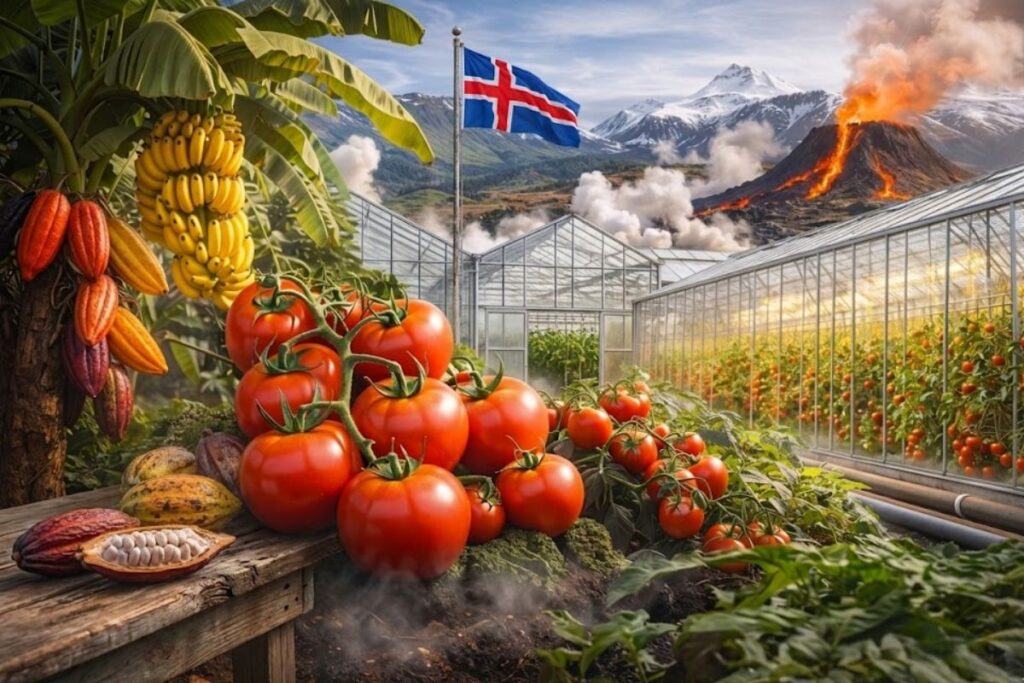 Iceland uses the heat from its volcanoes to grow tomatoes as good as Italian ones, tropical bananas, and even cocoa near the Arctic Circle, where the temperature barely exceeds 12 degrees, and almost 70% of the tomatoes consumed are already produced there. Iceland uses the heat from its volcanoes to grow tomatoes as good as Italian ones, tropical bananas, and even cocoa near the Arctic Circle, where the temperature barely exceeds 12 degrees, and almost 70% of the tomatoes consumed are already produced there.