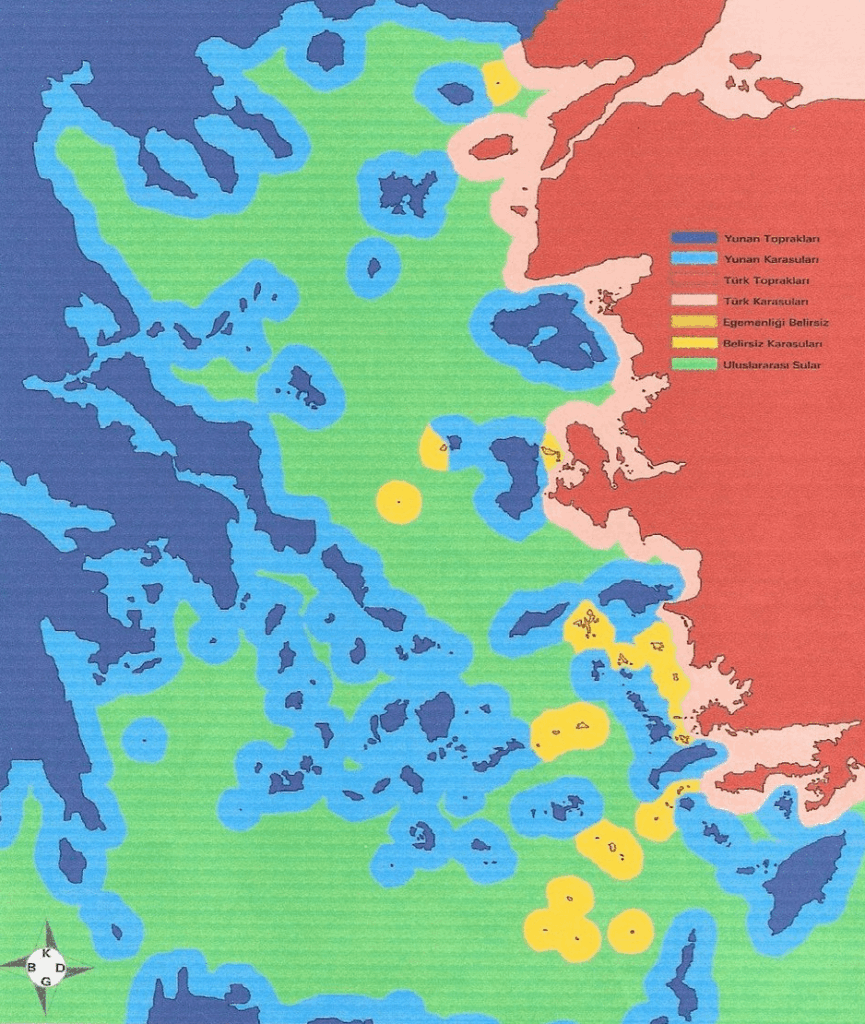 Map of "152 disputed islands, islets and rocks in the Aegean Sea which were not ceded to Greece by international treaties" (in yellow) according to Türkiye