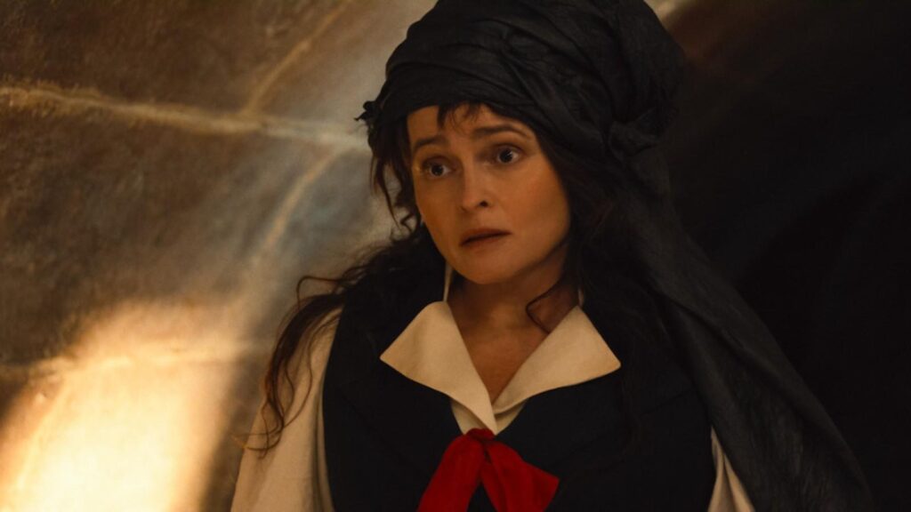 Helena Bonham Carter as Eudoria Holmes looking concerned in Enola Holmes 3