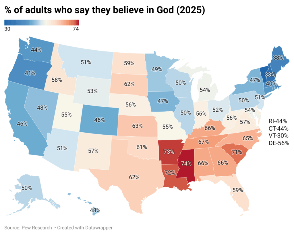 % of adults who say they believe in God