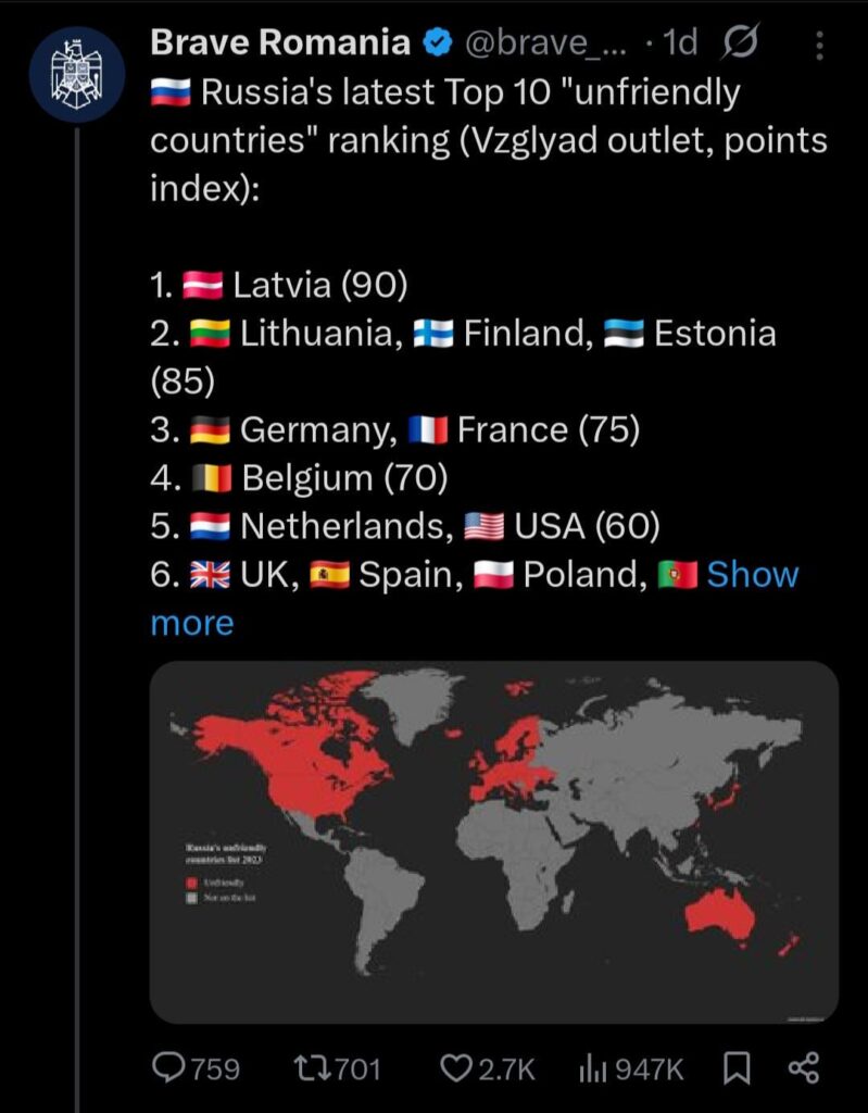 The Kremlin portal ranks Latvia as no. 1 unfriendly country for Russia