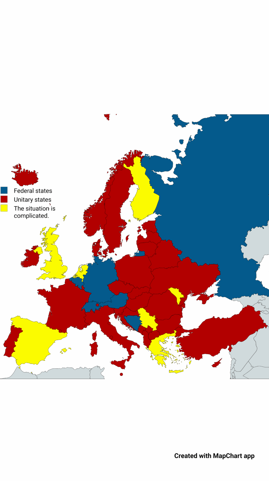 A map showing whether European countries are federal states or unitary states.