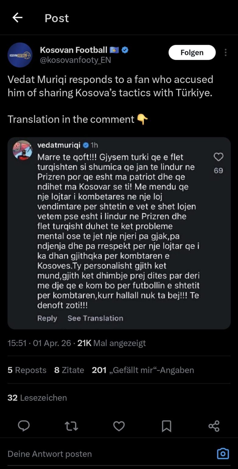 Vedat Muriqi responds to a fan who accused him of sharing Kosovas tactics with Turkiye