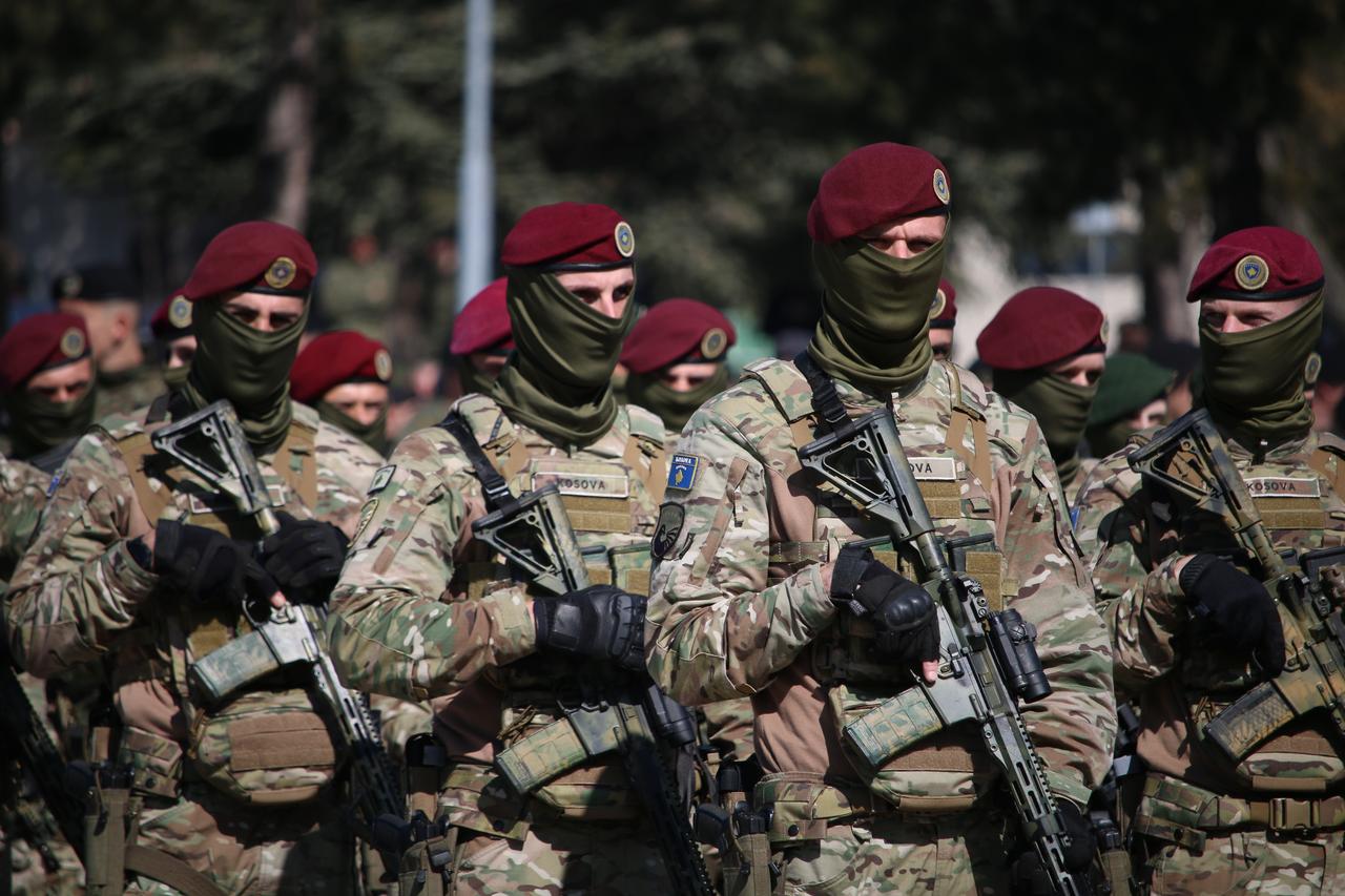 Soldiers parade during an event organized to commemorate the 27th anniversary of Prekaz Massacre at Adem Jashari Barracks in Pristina, Kosovo on March 05, 2025. (AA Photo)