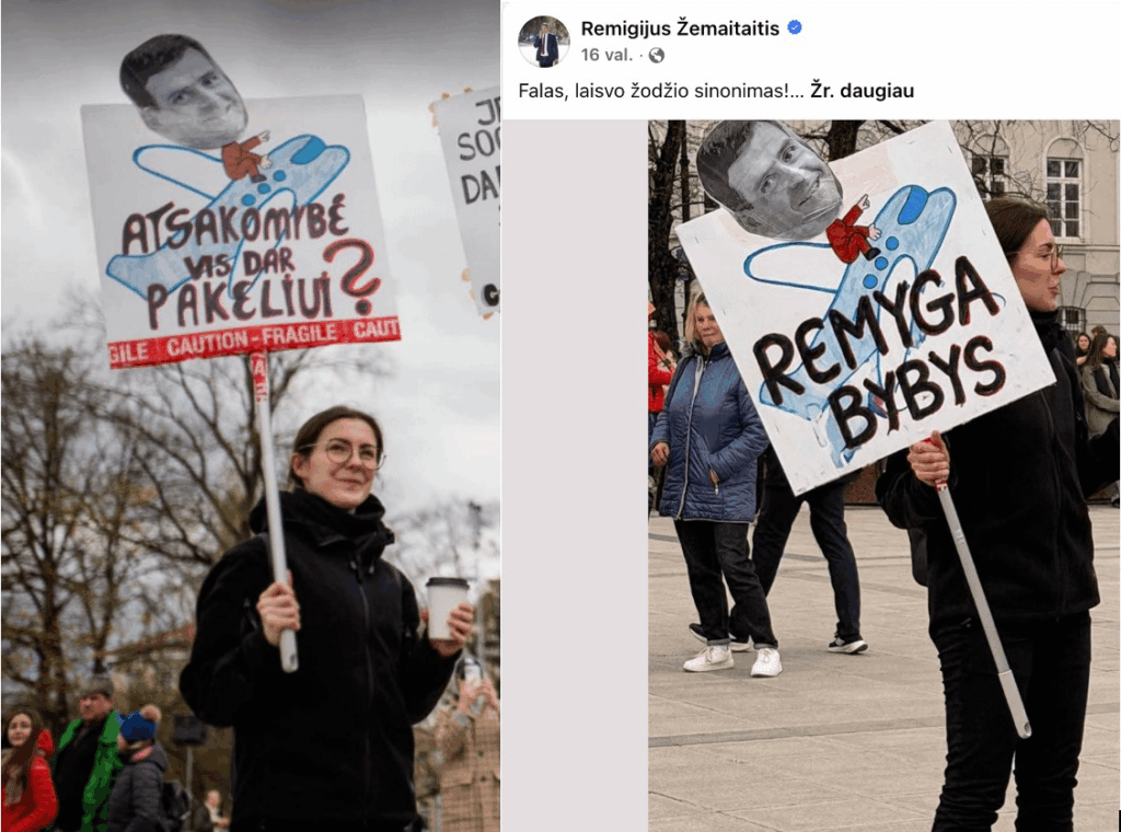 On the left - a real moment of protest. On the right - a photoshopped poster of how Žemaitaitis sees himself.