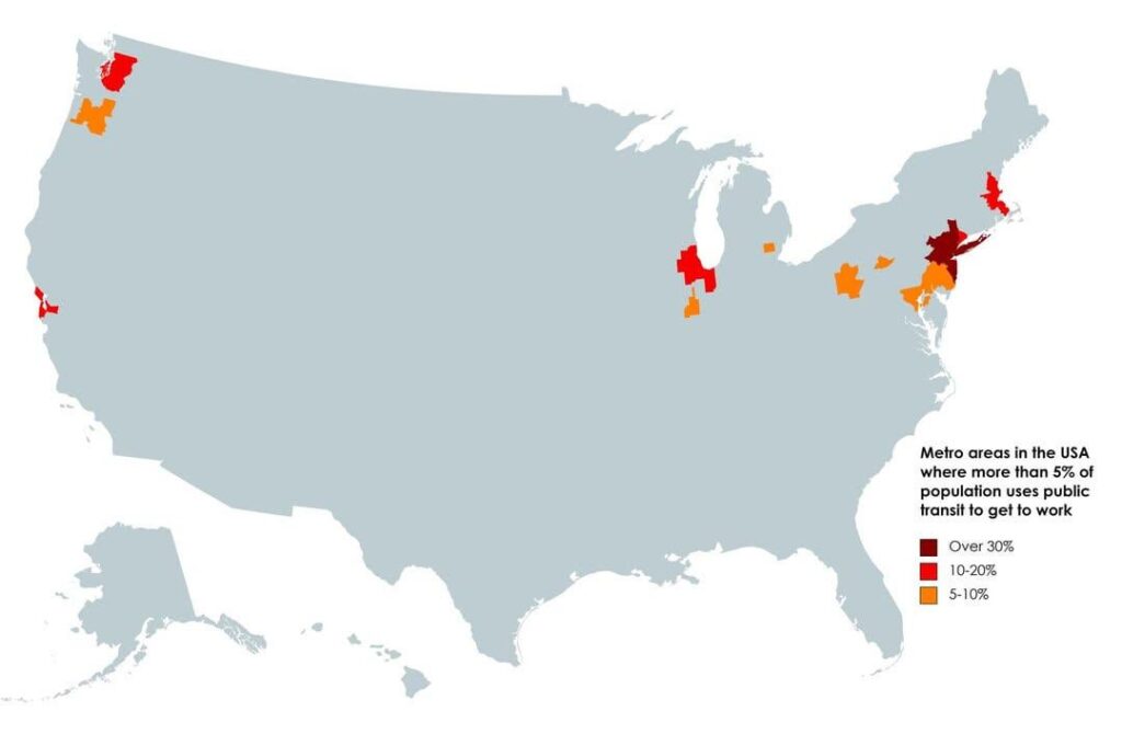 U.S. metro areas where more than 5% of people use public transit to commute