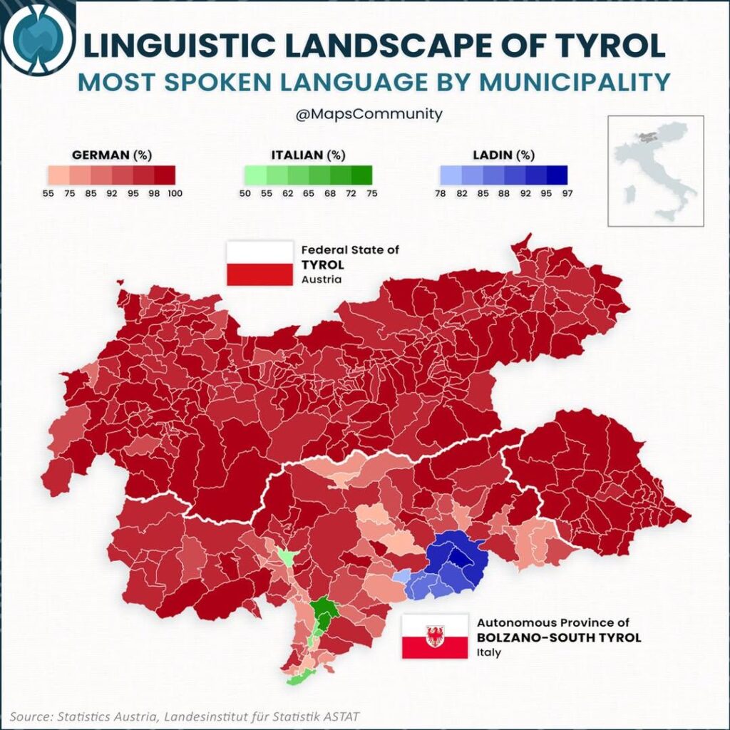 Linguistic landscape of Tyrol: Most spoken language by municipality