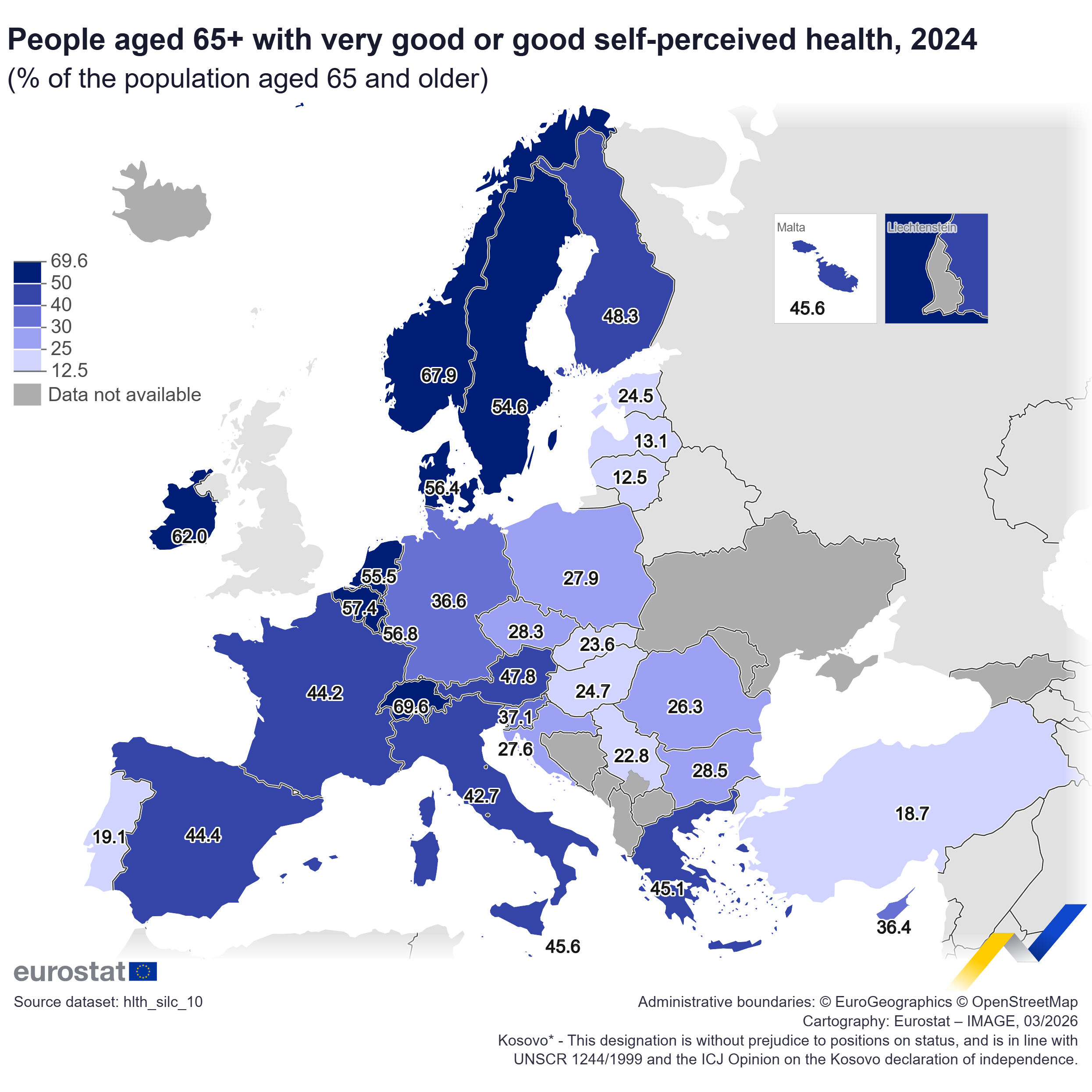 People aged 65+ with very good or good self-perceived health, 2024 (% of population aged 65 and older). Map. See link to the full dataset below.