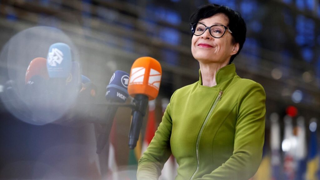 EU Commissioner for Enlargement Marta Kos talks to journalists ahead of a EU Foreign Affairs Council meeting at the EU headquarters in Brussels on January 29, 2026.